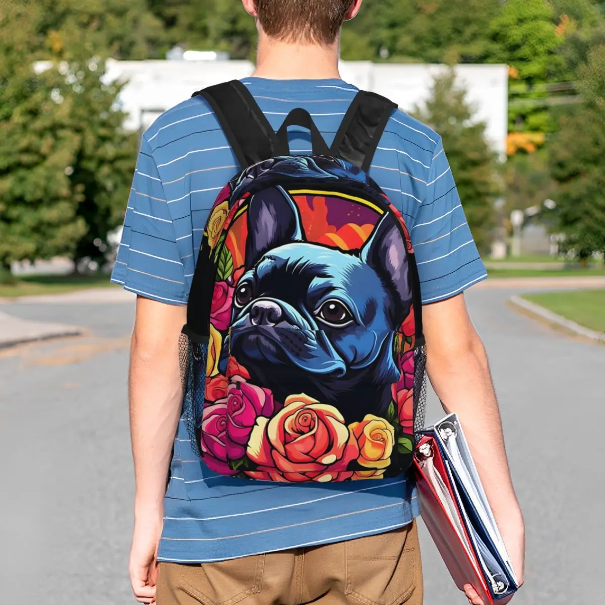 French Bulldog With Flowers Backpack Student BookBag Children School Bag Laptop Shoulder Bags for Boys Girls