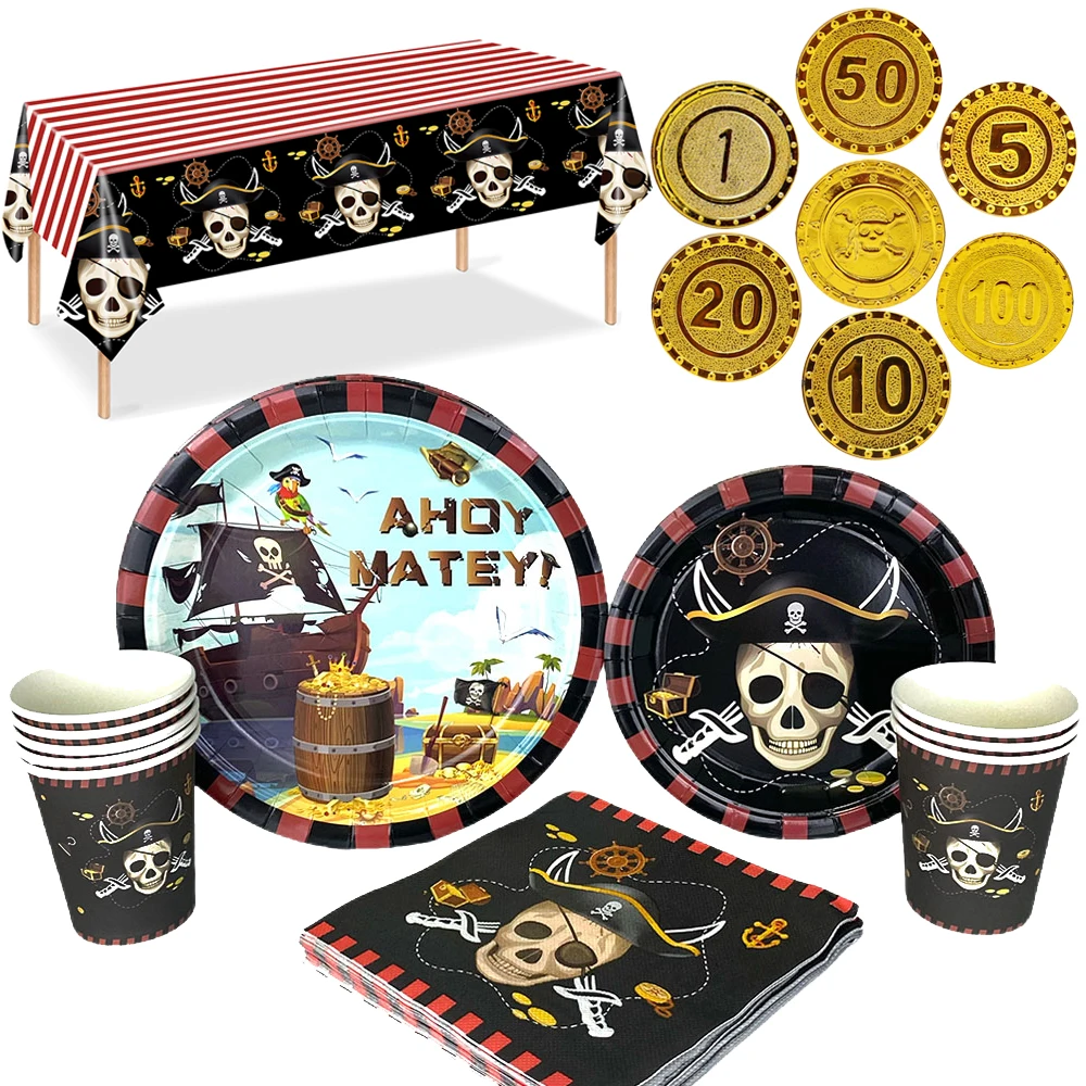 Pirate Party Decorations Disposable Tableware Pirate Treasure Theme Tablecloth Plates Gold Coins Kids Birthday Party Supplies