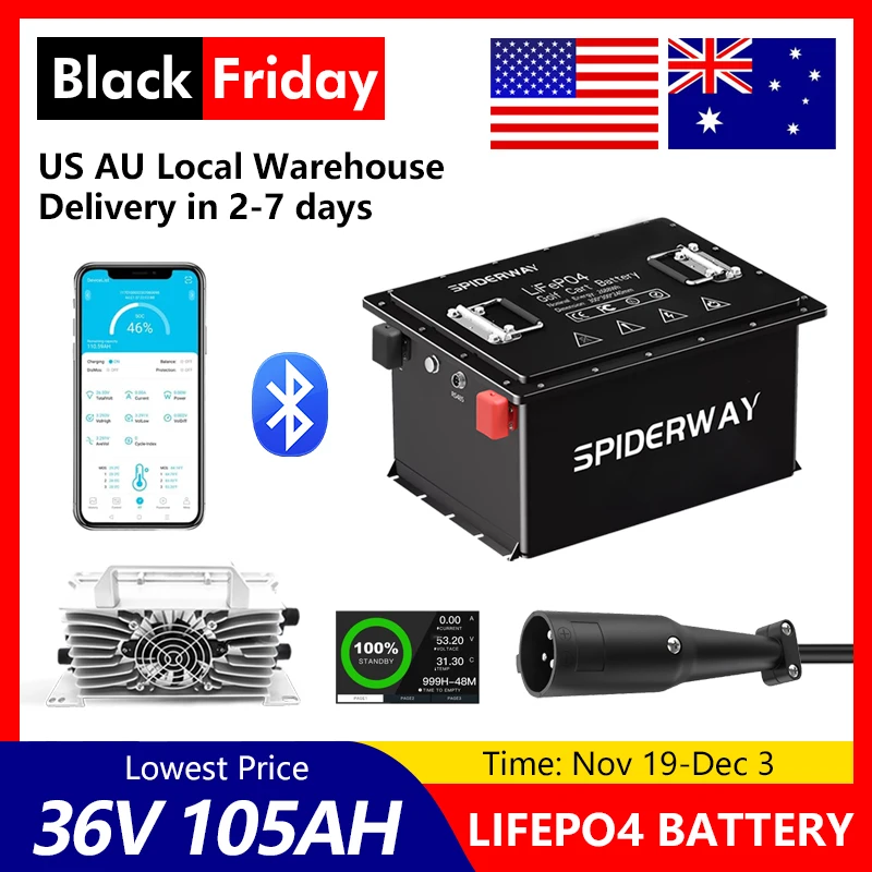 

36 В 105 Ач литиевый аккумулятор LiFePO4 для тележки для гольфа 6000 циклов 200 А BMS с быстрым зарядным устройством 25 А, макс. мощность 7,68 кВт, гарантия 10 лет