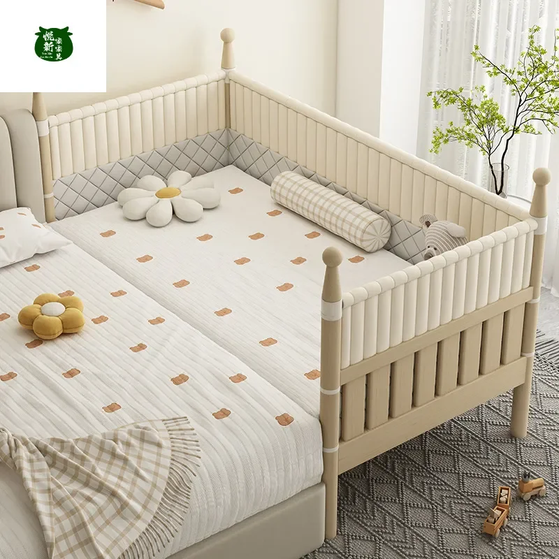 Solid Wood Children Bed with High Guardrail Widened Side Baby Princess Bedside Splicing Large Bed Liftable Design