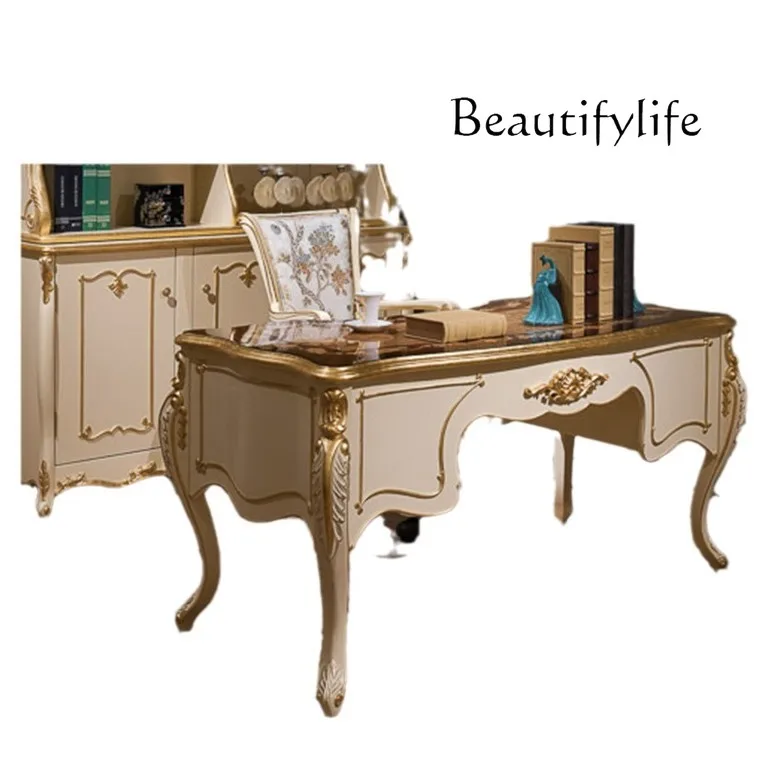 

European solid wood carving flower study combination furniture neoclassical writing desk gold desk