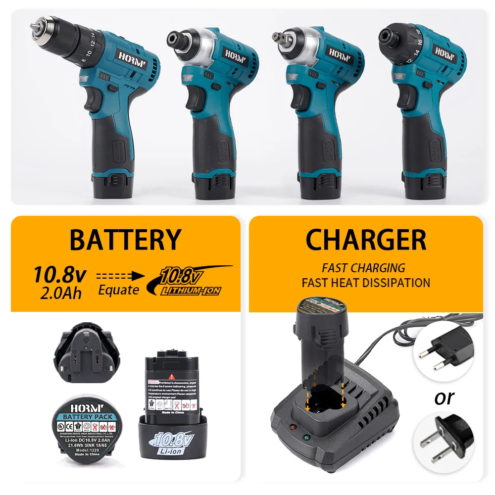 Hormy 10.8v chave de fenda elétrica furadeira elétrica ferramenta elétrica para bateria sem escova motor de alta velocidade para makita broca de percussão