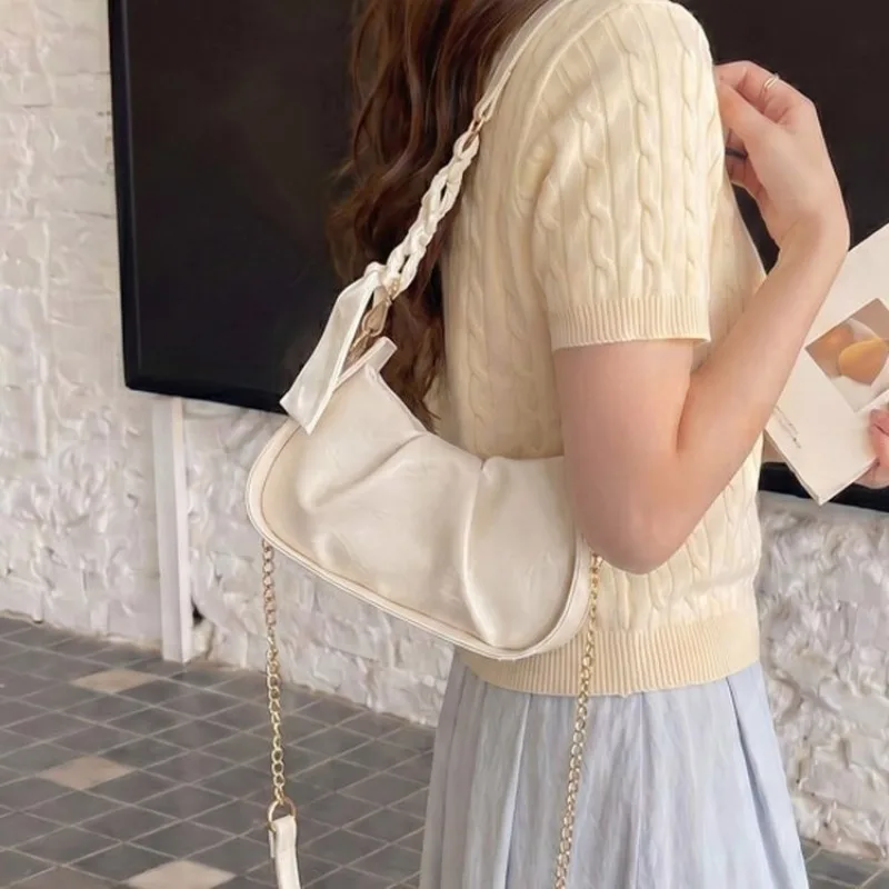 Women's Casual Solid Color Faux Leather Ruched Crescent Crossbody Bag with Silk, for Daily Use, Work, Travel, and Casual Errands