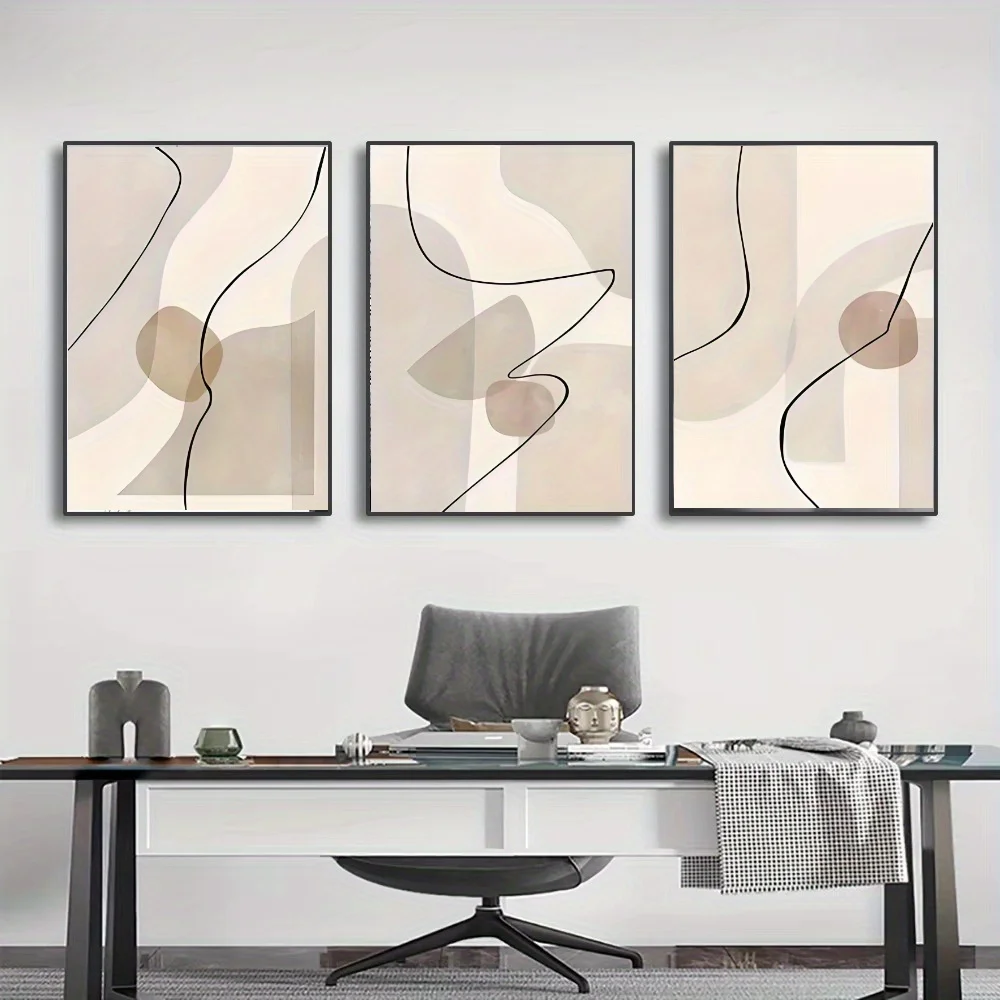 (NoFrame 3PCS)-2D Flat, AZNM Set of 3 Abstract Bohemian Beige Line Wall Art Canvas Prints - Modern Minimalist Neutral-Toned G
