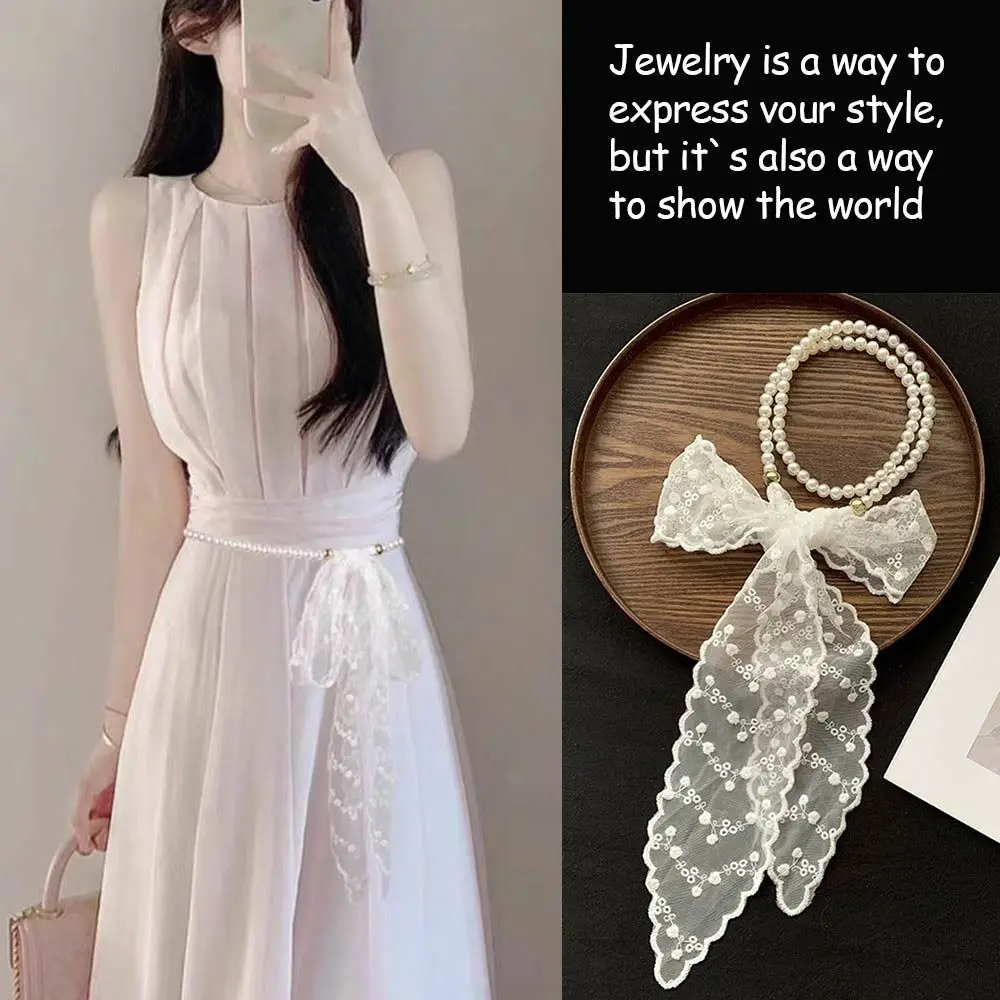 Fashion Pearl Lace Headband Fairy Necklaces Hair Ribbon Multi-functional Sweet Neckerchief for Women