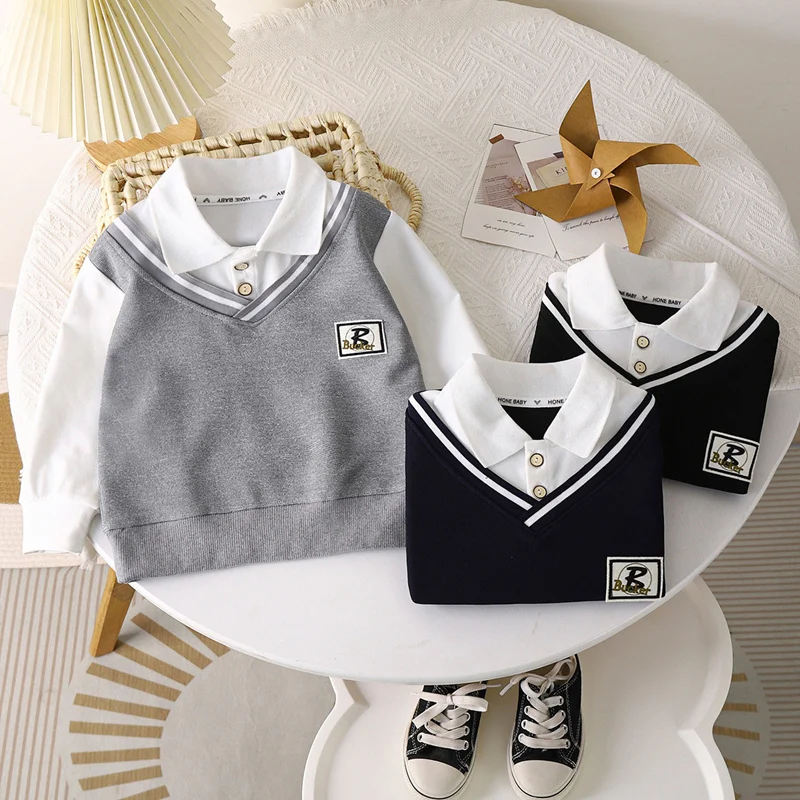 Polo Kids Boys Fake Two Piece Knit Sweatshirt School Kids Polo Shirt Colour Blocking Handsome V-neck Boys Shirts