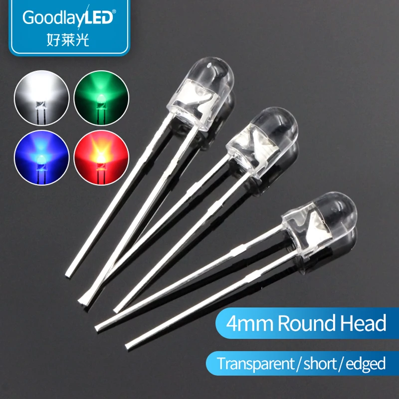 1000PCS LED light-emitting diode F4 / 4mm Round Head short leg boundless transparent white light red blue green and yellow