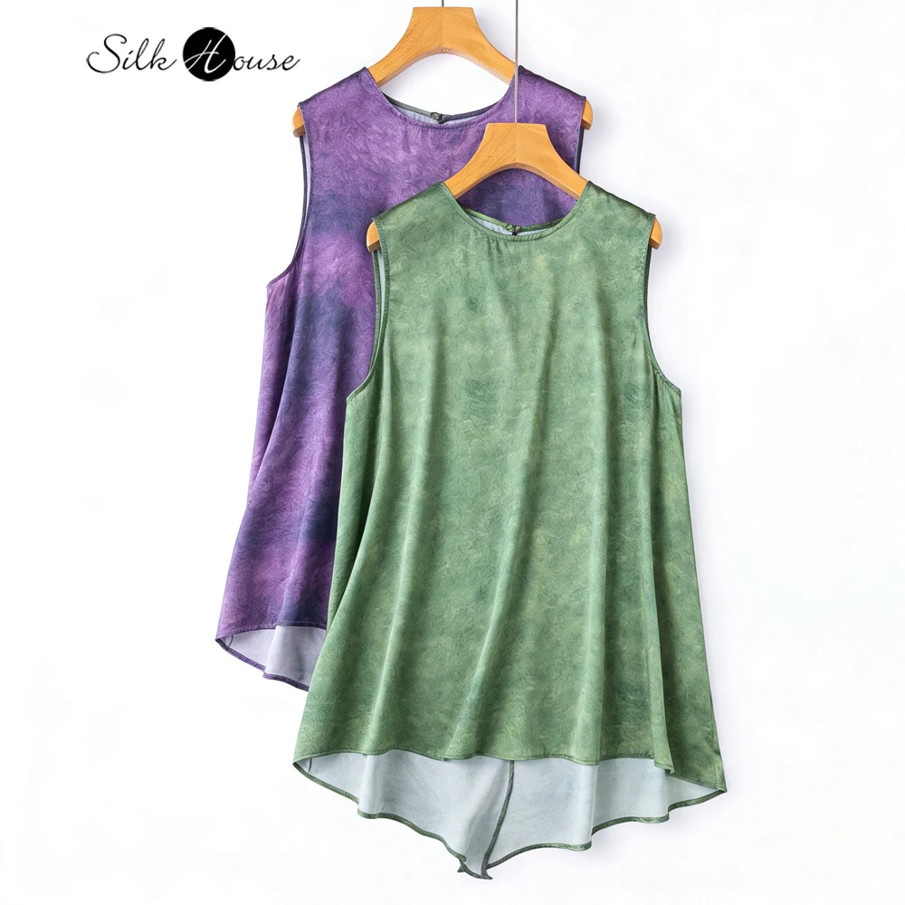 

2026 Women's Summer Casual New Design A-line Flowing Back Slit 100% Natural Mulberry Silk Plain Satin Loose Sleeveless Vest