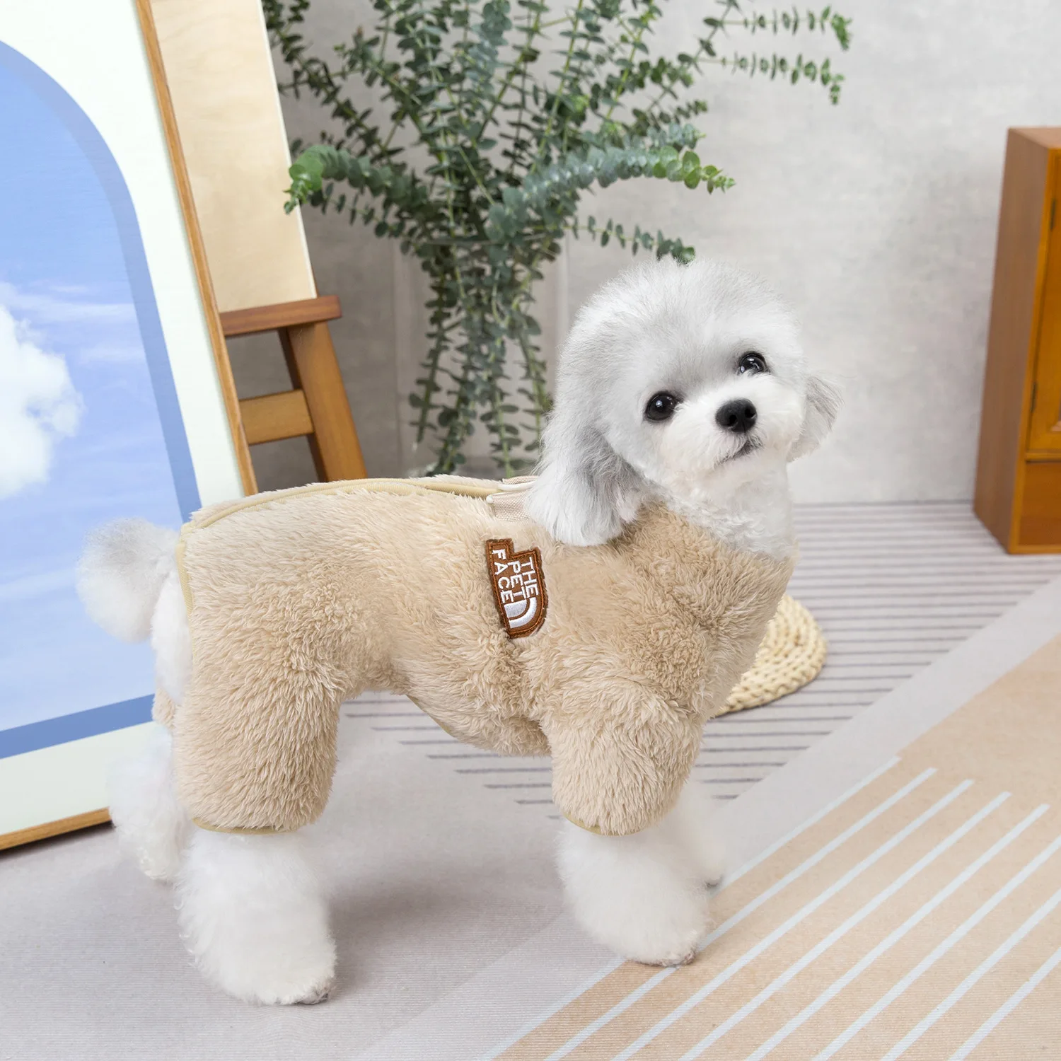 Pet Back Buckle Zipper Puppy Dog Clothes Winter Warm Teddy Bear Poodle Four-legged Leash