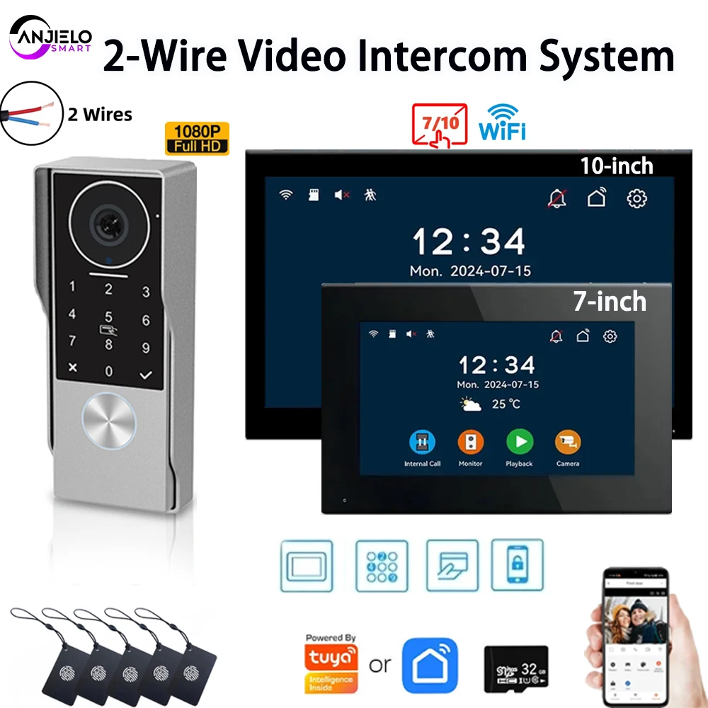 ANJIELO Video Intercom System for Home 1080P TUYA 2-Wire Video Door Phone App IC Card PIN Unlock with IP Camera Support Smart