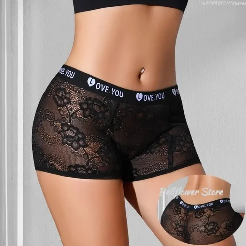 Imagen 1 del producto Pantalones de esquina plana de encaje para mujer, ropa interior Sexy con diseño de letras y flores, cintura media, transpirable, cómoda, Boyshort