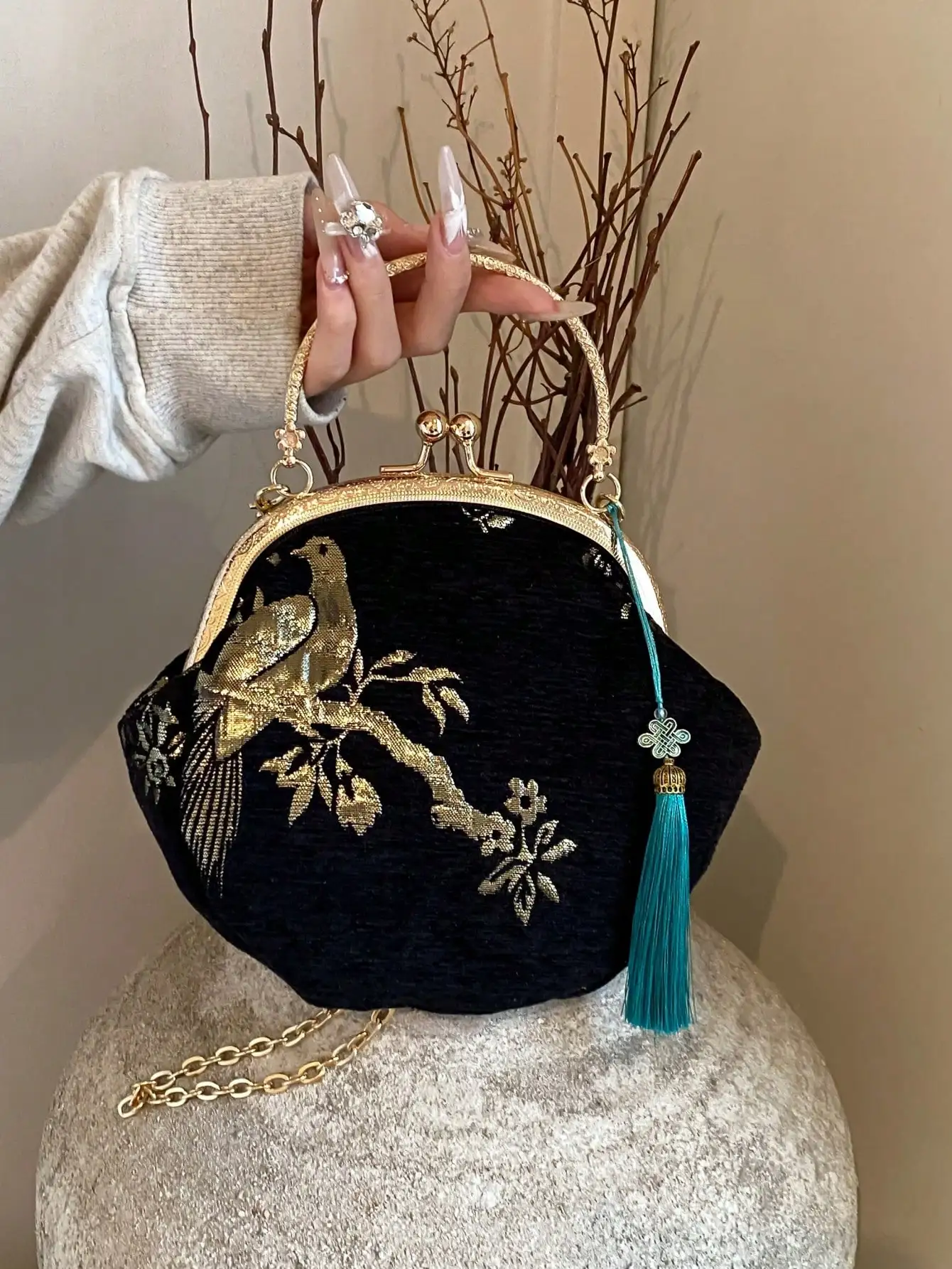 Summer Random Pattern Hanfu Style Crossbody Bag, New Clip Mouth Handbag For Women