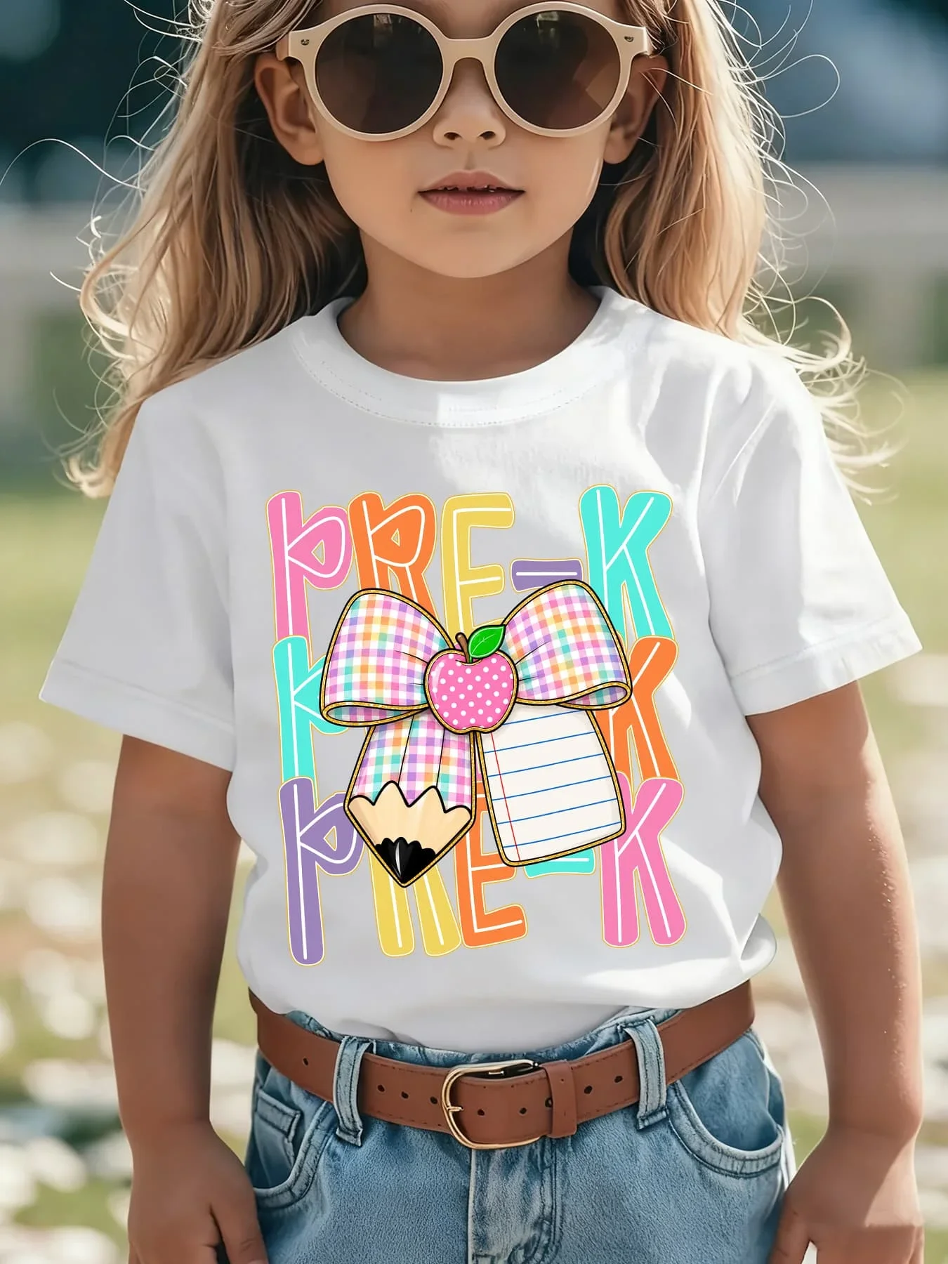 Toddler Girls Pre K Graphic T Shirt Colorful Letter Plaid Bow Apple Pencil Notebook Print Short Sleeve Back To School Casual Tee