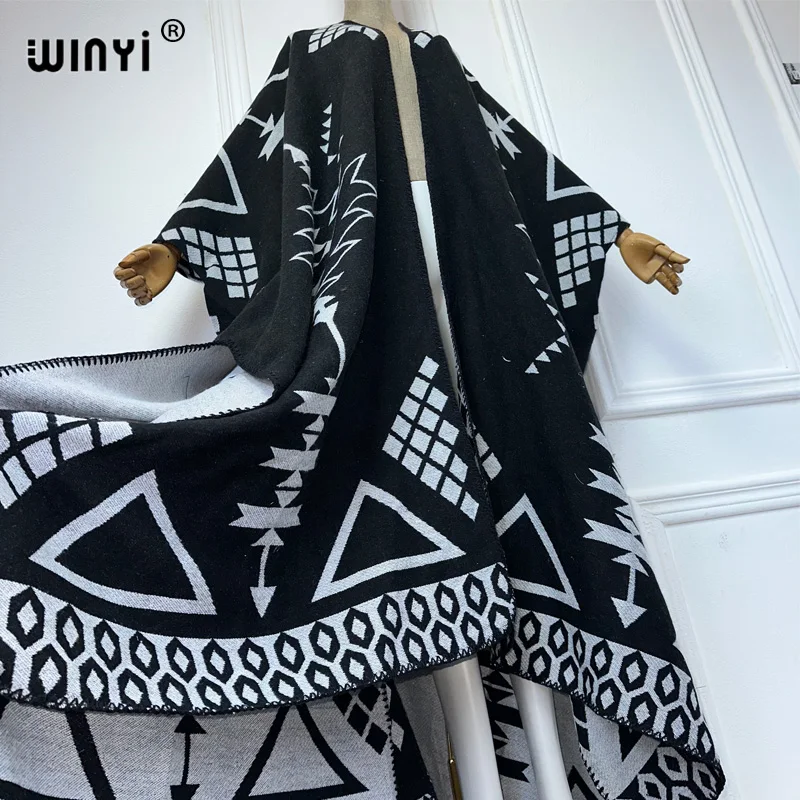 WINYI Winter African Geometric print cardigan dress abaya dubai luxury outfits for women coat Open Front Kimono long down poncho