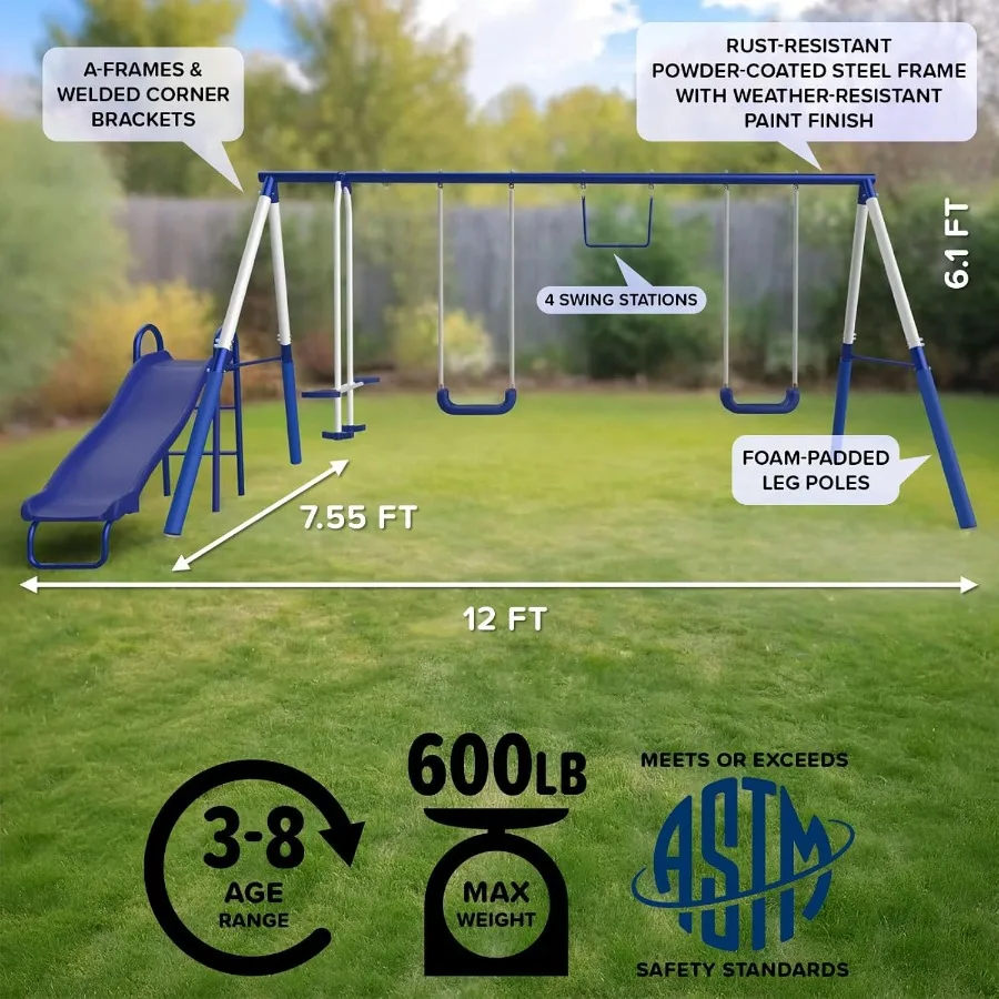 Arcadia Swing Set Outdoor HeavyDuty Metal Playset for with Slide