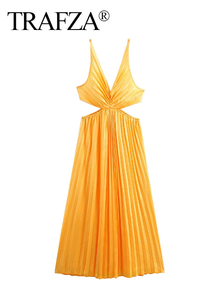 

TRAFZA Summer Women Chic Long Dress Pleated Decoration Back Zipper Sleeveless V Neck Waist-exposed Solid Dress Vestidos Mujer