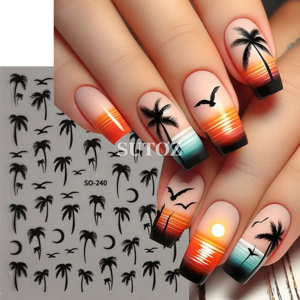 3D Gold Palm Tree Nail Stickers Bronzing Coconut Tree Decals Moon Bird Wings Nail Sliders Beach Charms Manicure Decors LEBSO-240