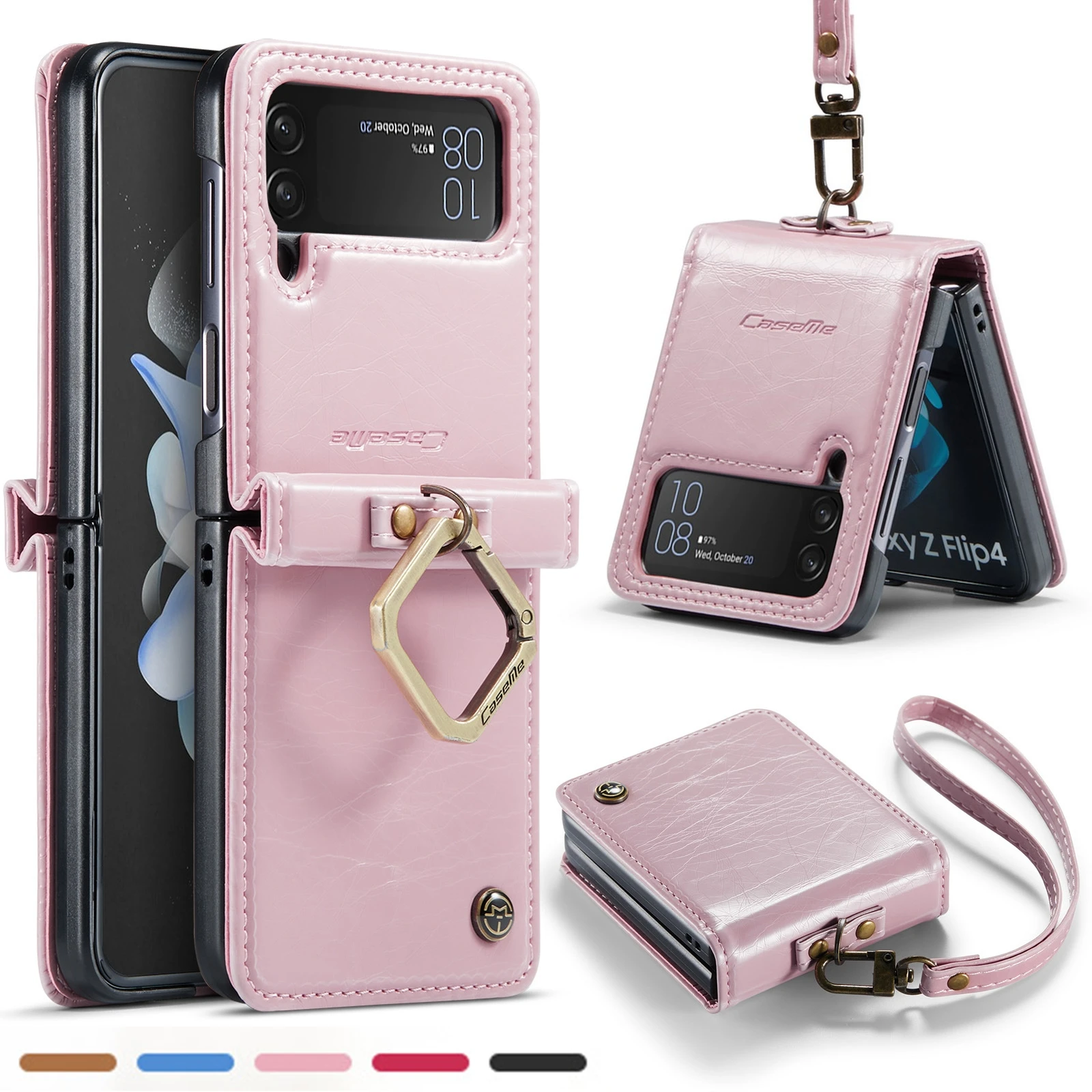 Phone Case for Samsung Galaxy Z Flip 6 5 4 5G Flip6 Flip5 Hinge Coverage Shockproof Protective Leather Cover with Ring and Strap