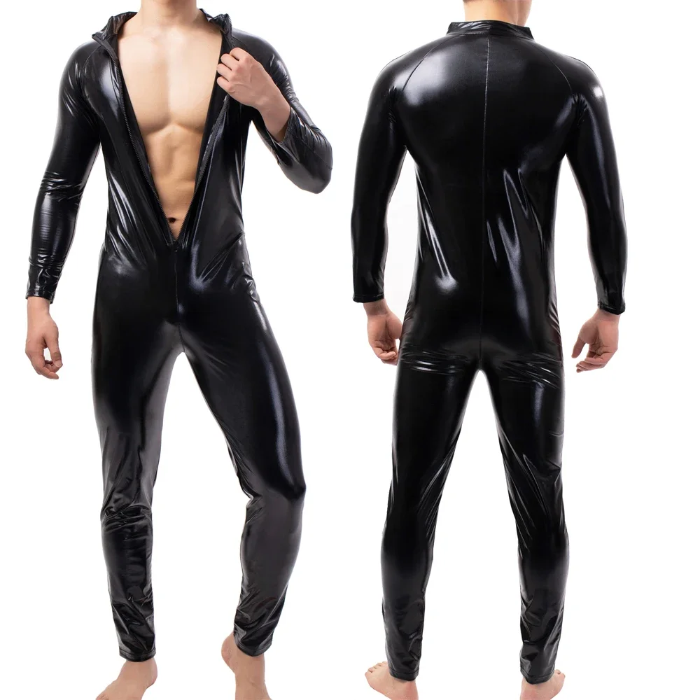 Mens Patent Leather Bodysuit Sexy Front Zipper Leotard Nightclub Stage Jumpsuit Wrestling Singlet Faux Leather Dance Clubwear