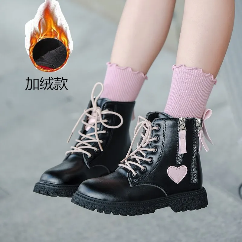 2024 Prinzessin Lederstiefel Schnur neue Kinder Winter schwarz Plüsch warme Stiefel für Mädchen Party Casual Fashion Schuhe 27-37