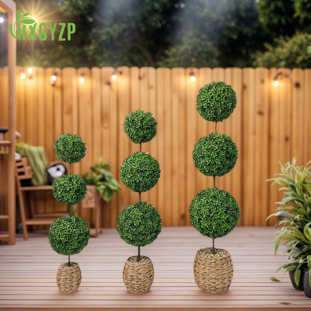 

36/41,75/48 дюймов большой искусственный самшитовый шар с камнем и тканой корзиной, три шара, растения в стиле горшков, крыльцо, украшение для дома