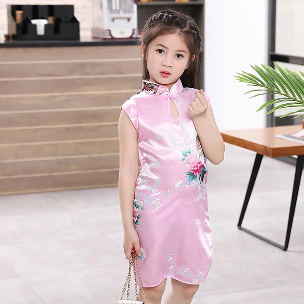 Cute Sweet Sleeveless Peacock Qipao Girls Summer Clothes Child Dresses Cheongsam Dress Traditional Dress
