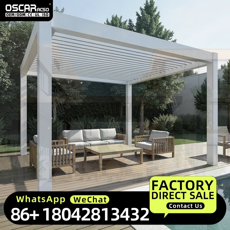 Motorized Rainproof s with Open Close Louvres Powder Coated Frame Pressure Treated Wood Gazebo Roof System for Garden Patio Back