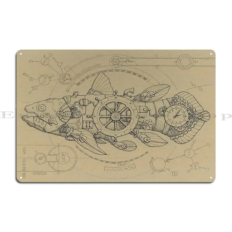 Steampunk Fish Clockwork Coelacanth Ink Artwork Illustration Metal Sign Design Living Room Club Customize Rusty Tin Sign Poster