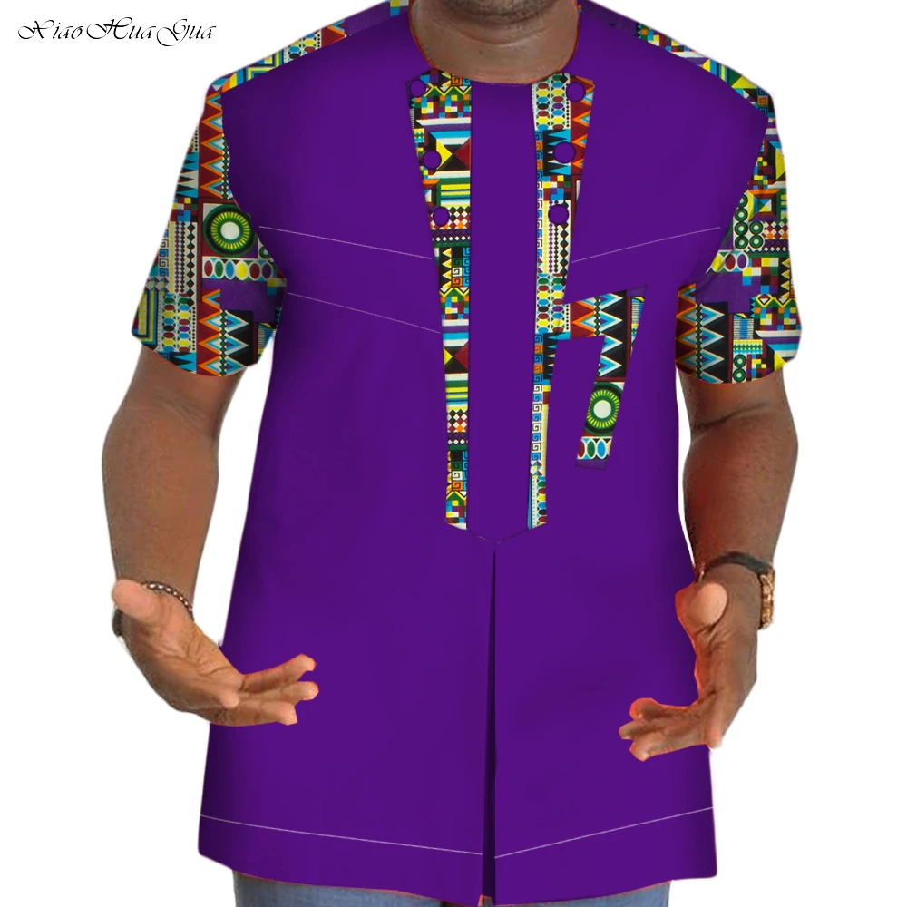 Camiseta Dashiki de algodón para hombre, ropa africana con estampado de retazos, camisa de manga corta Bazin Riche, ropa Africana WYN89