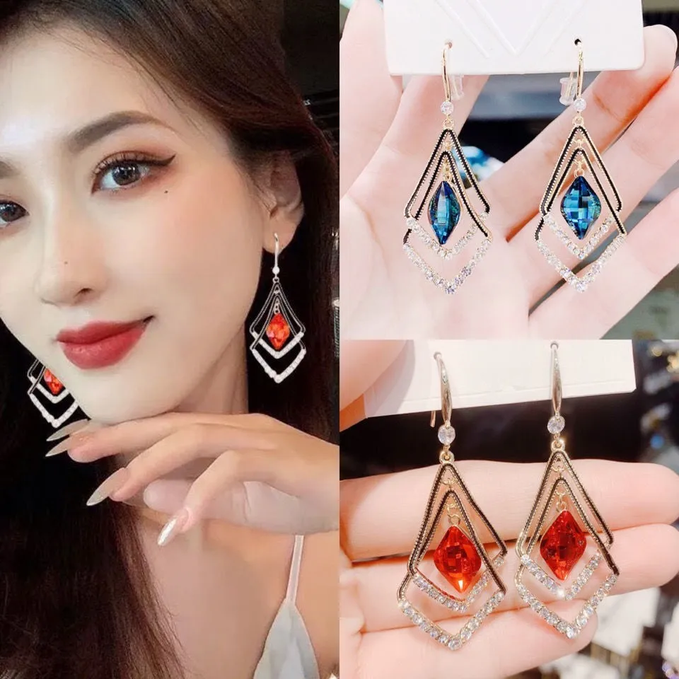 Blue Red Crystal Drop Earrings For Women Jewelry 2023 Trendy Luxury Zircon Double Layer Golden Black Rhombus Geometric Earrings