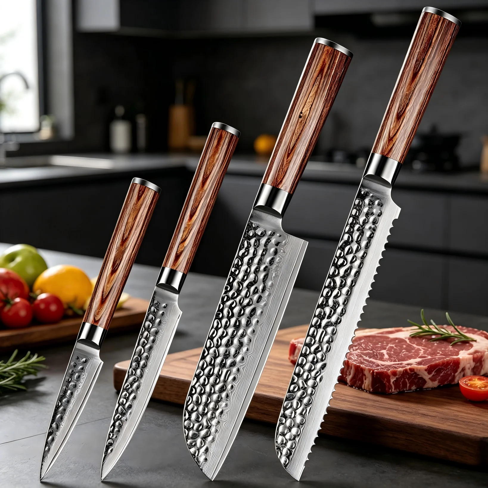XITUO Chef Knives Set 1-4PCS Damascus Steel Sharp, Hammered Forged Kitchen Knives for Santoku, Bread, Fruit Knife, Gold Wood Han