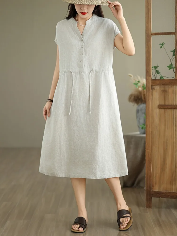 Artistiek Pure Kleur Katoen Linnen ort Sve Dr Dames Zomer Casual Taille Cinching Dstring Afslanken Linnen Midi Dr