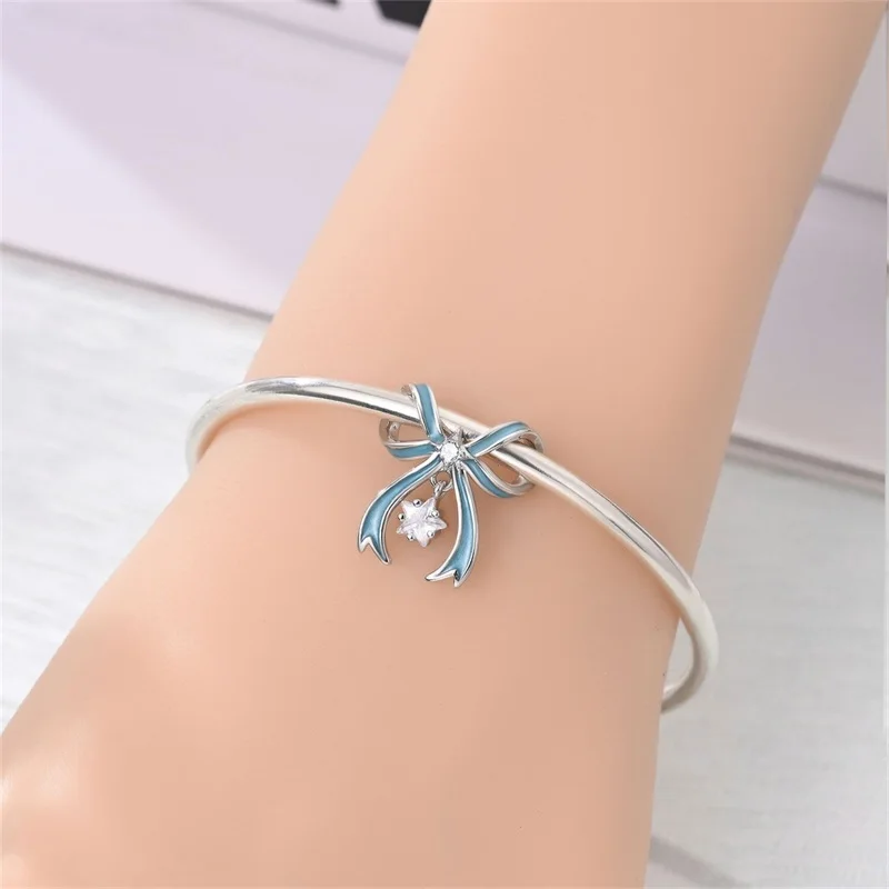 Popular 925 Sterling Silver Blue Ribbon Bow Charms Bead Fit Original Bracelet DIY Women Valentine'S Day Jewelry Gift