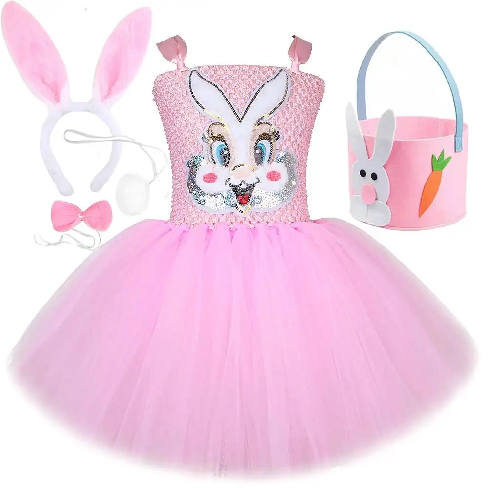 Baby Pink Bunny Costumes for Girls Easter Holiday Tutu Dress for Kids Rabbit Fancy Outfit Children Animal Disguise Clothes Suit