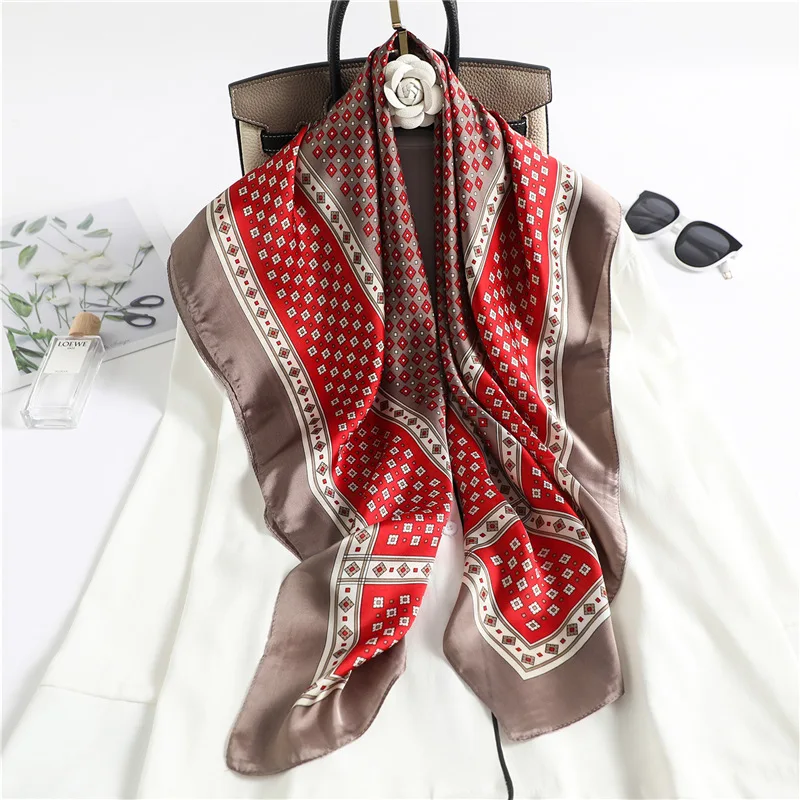 Spring Scarf Women\'s Luxury Design Scarf Silk Smooth Scarf Soft Muslim Headband Shawl Beach 90x90cm