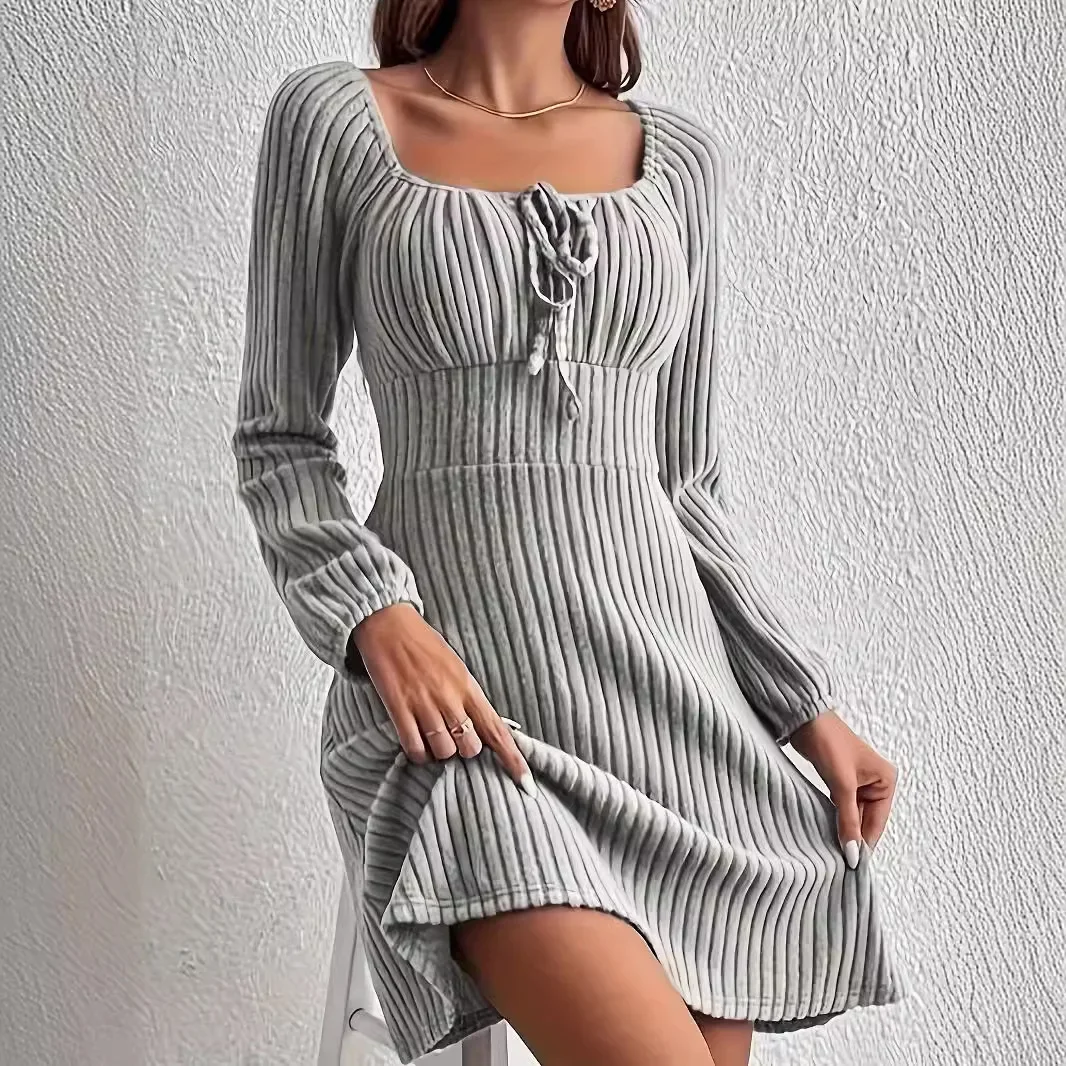 2025 spring Soft square neck Bodycon Dress casual slim gray a-line mini Dress Women long sleeve elastic Knitted wedding Dresses