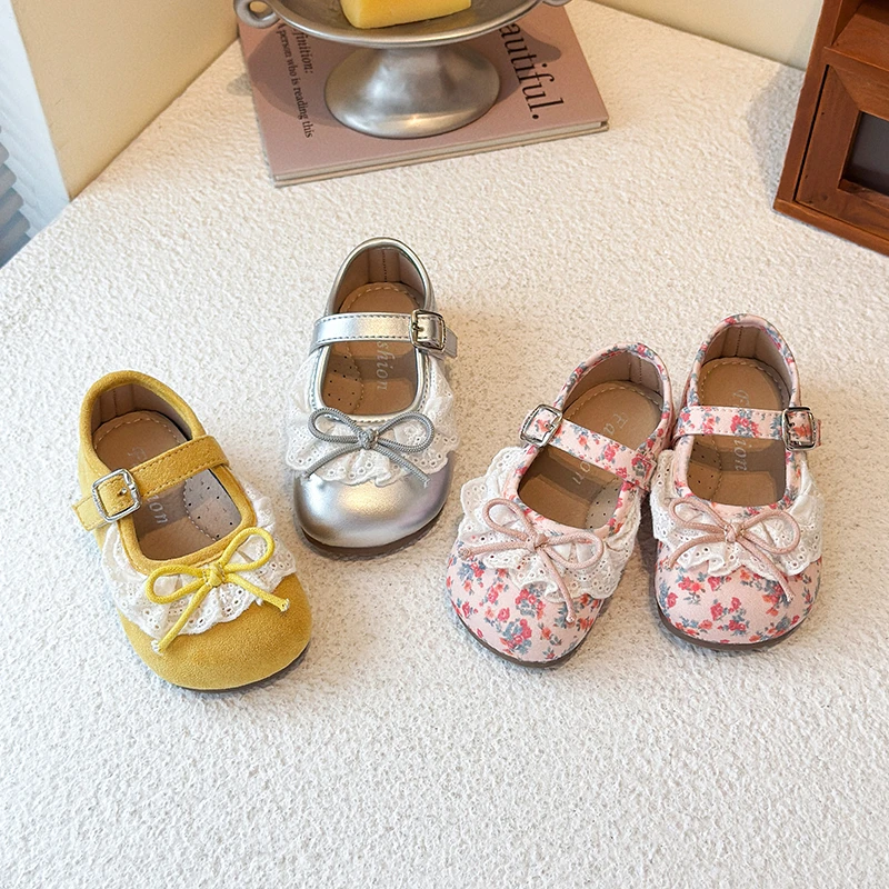 

Детские элегантные кружевные туфли MaryJanes на плоской подошве для девочек с круглым носком, простые банты, осень 2021, новые детские туфли принцессы, универсальная мода