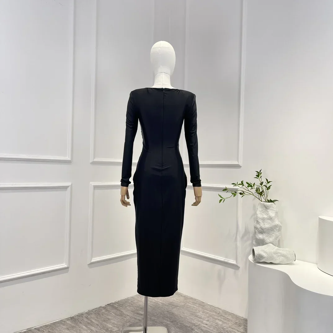 Rosa vermelha 2023 novo sólido primavera verão de alta qualidade sexy manga longa cintura cortar mulher preto midi vestido para festa