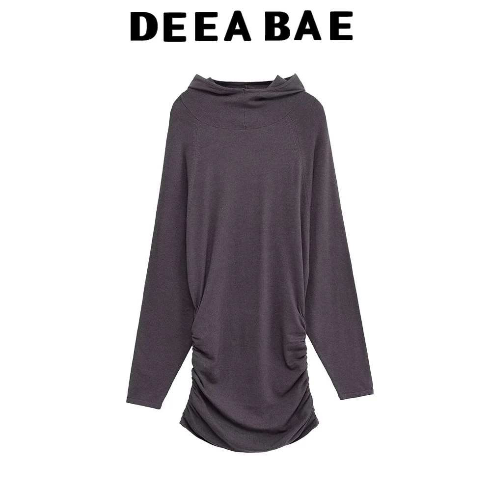 디에바에 2025 가을 신상 여성 의류 패션 기품 있는 심플 니트 후드 긴팔 미니 드레스