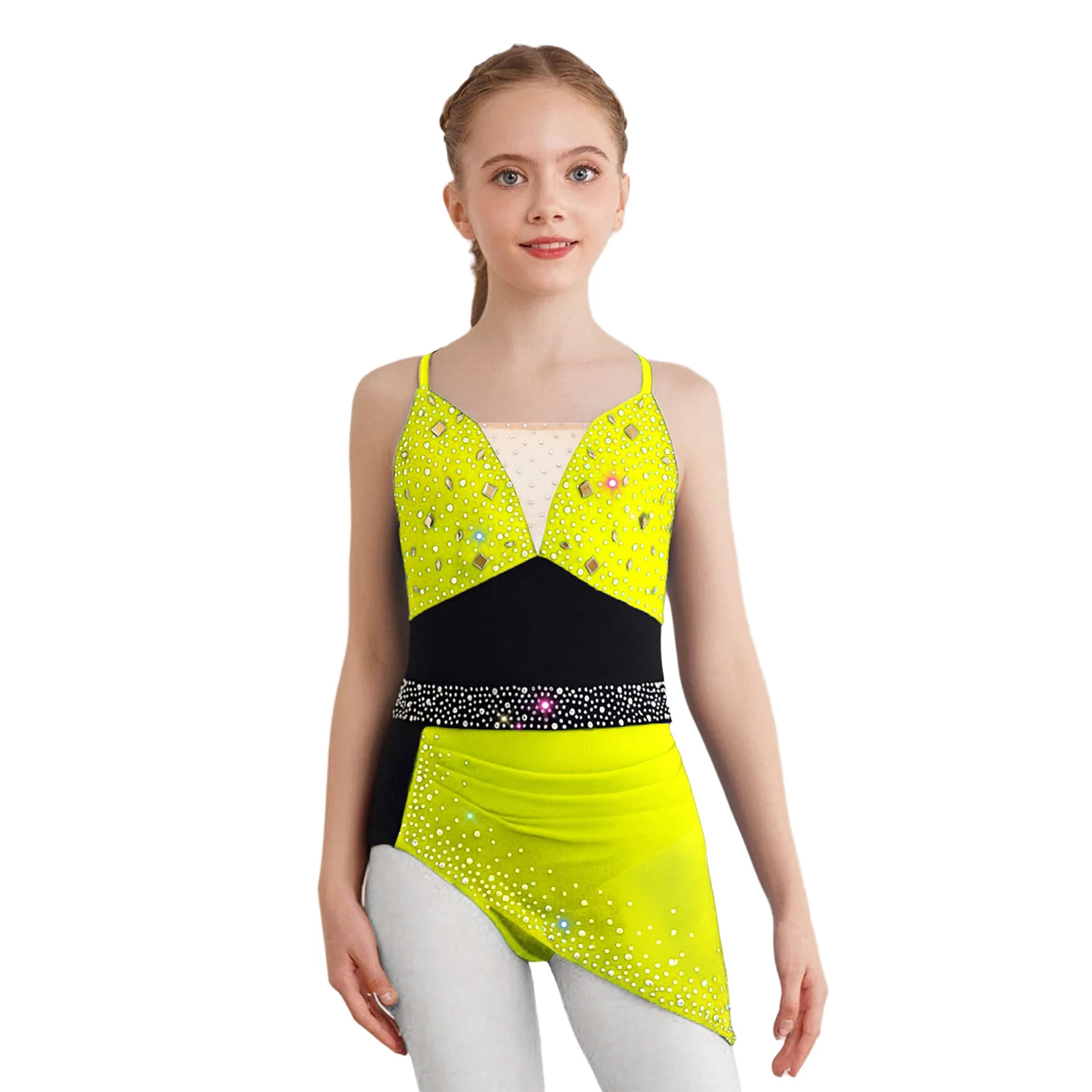 أطفال بنات الجمباز سباركلي الراين Ruched ثياب فستان فني الشكل التزلج الباليه أداء الرقص الغنائي زي