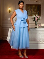 Women Blue Dresses Elegant A Line Tulle 3D Flower V Neck Peplum Belly Cover Party Plus Size Curve Female Fashion Wedding Guest - Image 4