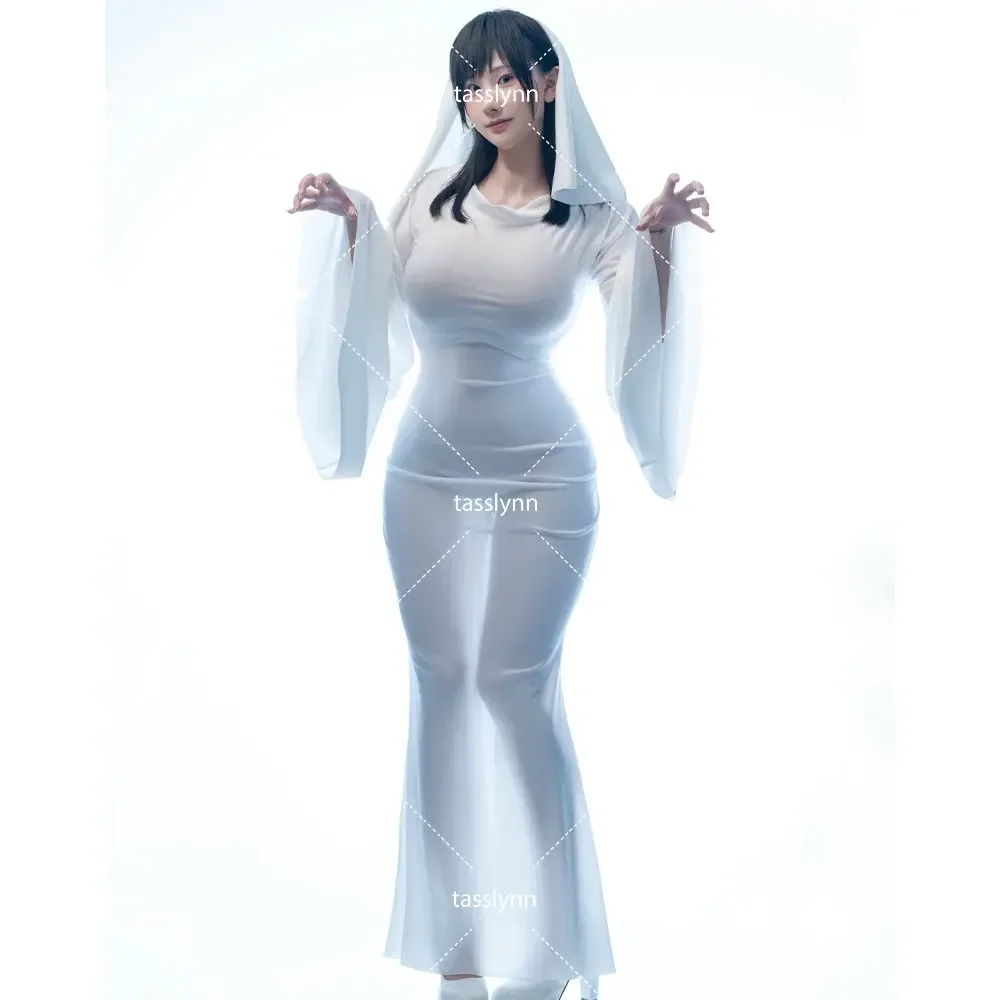 Female Ghost Cosplay Costume Halloween Scare Face Cape Scream Costume Adult Fancy Dress Halloween Cosplay Costume