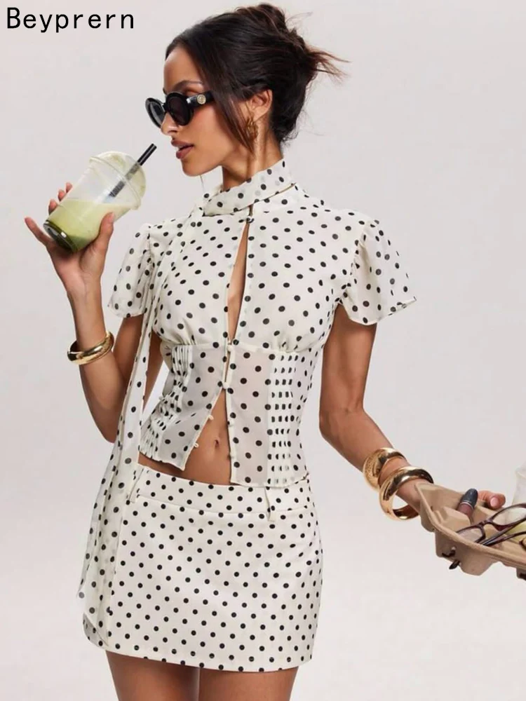 Beyprern Polka Dot Print 2 Piece Set Women Summer Sexy Mesh Sheer Bodycon Mini Skirt and Short Sleeve Top Matching Set