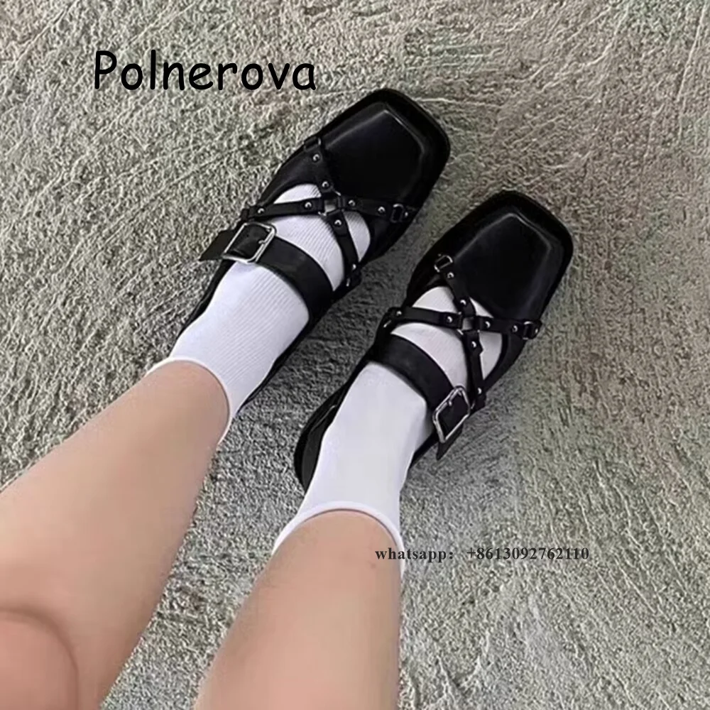 Patent Leather Pumps Chunky Heels Women's Shoes Spring Metal Buckle Rivet Cross Belt Shallow Ladies Dark Fashion Mary Jane Shoes