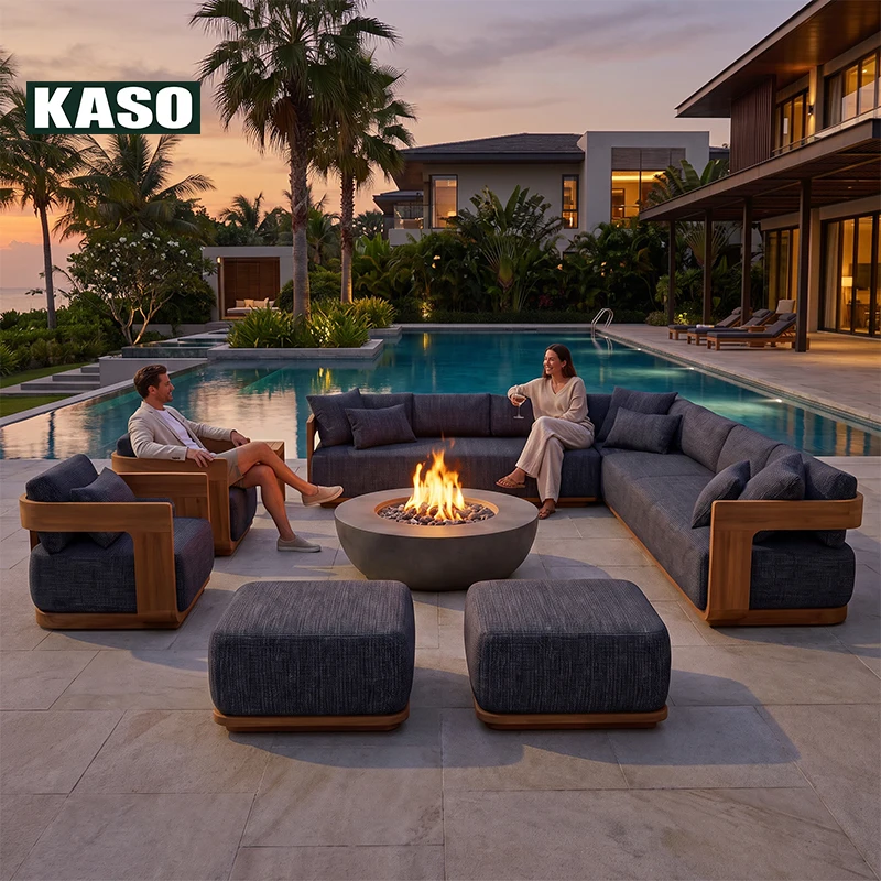 Hotel Modern Luxury Waterproof Teak Wood Garden Sofa Set Villa  Lounge Set Outdoor Sectional Patio Furniture Set Outdoor Sofa