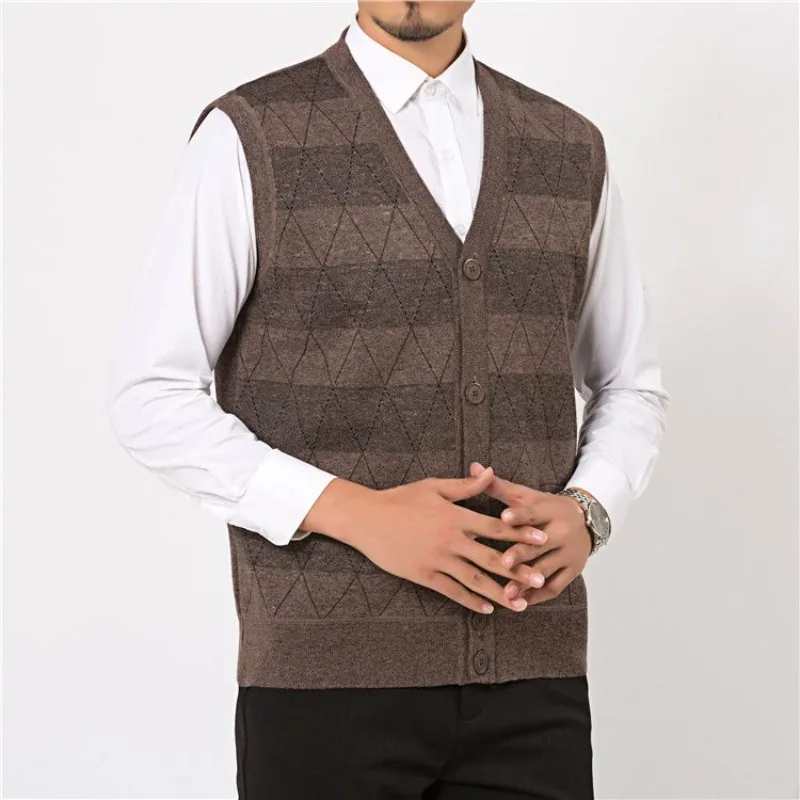 

Middle-aged Elderly Men's Velvet Thickened Vest Sweater Vest Autumn Winter V-neck Cardigan Waistcoat Wool Knitted