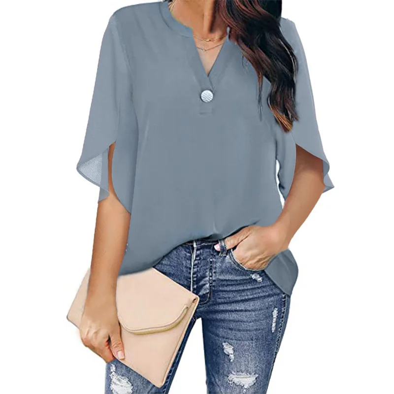 

7 Solid Colors Office Women's Top V-Neck Mid Sleeve Shirt Summer Lightweight Elegant Top