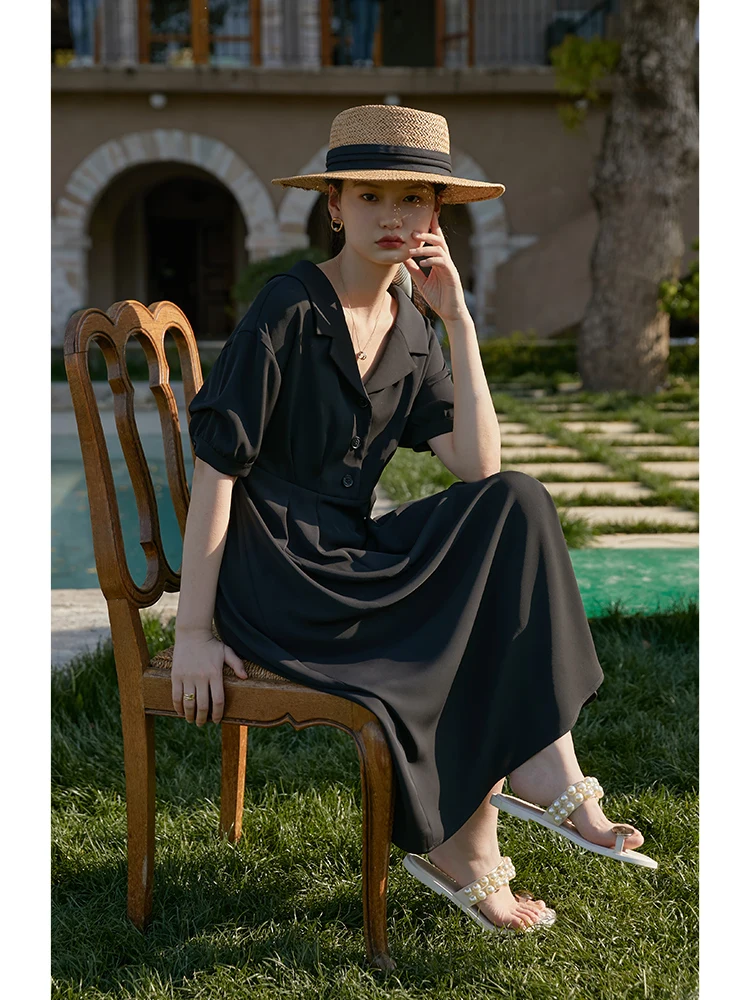 ZIQIAO Office Lady Black Lapel Suit Dress Half Puff Sleeve Dress Drape Long Skirt A-LINE Skirts Japanese Summer Solid Thin Dress