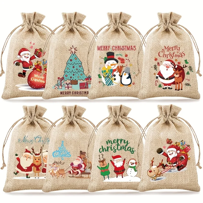 8/24 قطعة حقائب هدايا مع أربطة، حقائب عيد الميلاد من الكتان بنمط مختلط لمستلزمات حفلات عيد الميلاد وعطلات رأس السنة الجديدة
