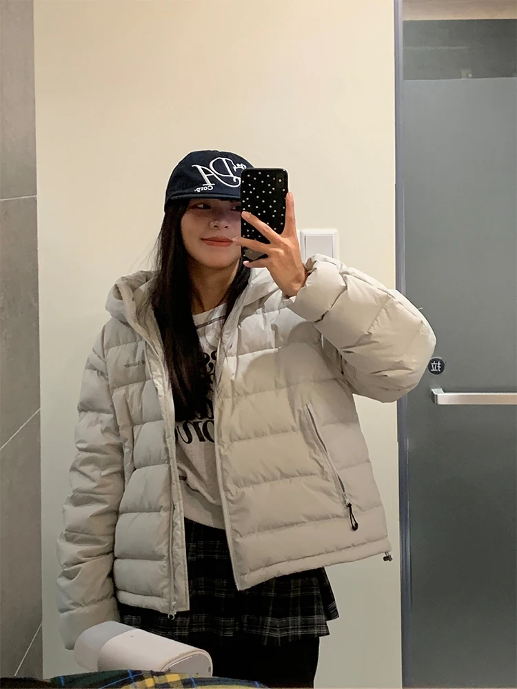 

Зимнее тепло Nidebla, корейское полосатое женское пуховое пальто с капюшоном в полоску, верхняя одежда, нейлон Sweet College Faion